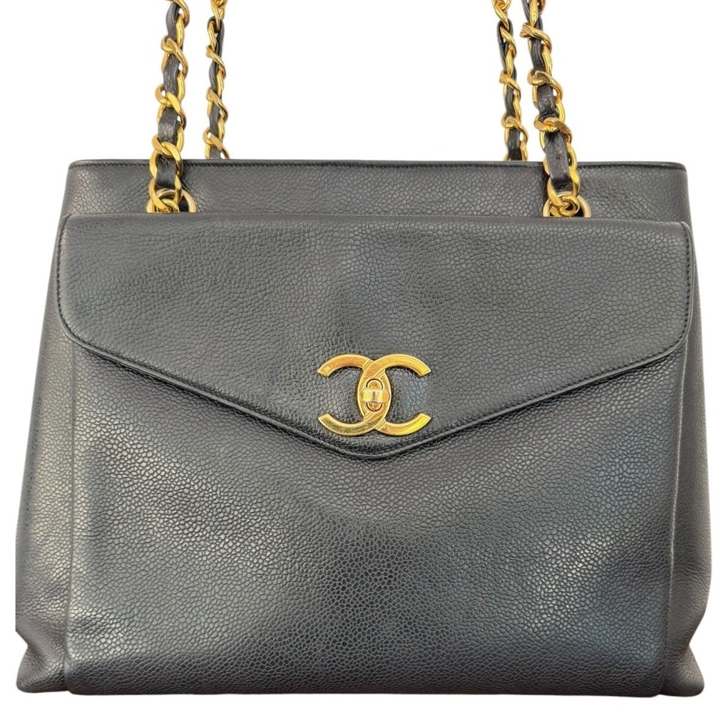 CHANEL Vintage Black Caviar Leather CC Shoulder Tote Bag Gold Hardware - Picture 3 of 15